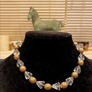 Dramatic Gold and Clear Glass Crystal Beaded Necklace. Chunky 1950’s